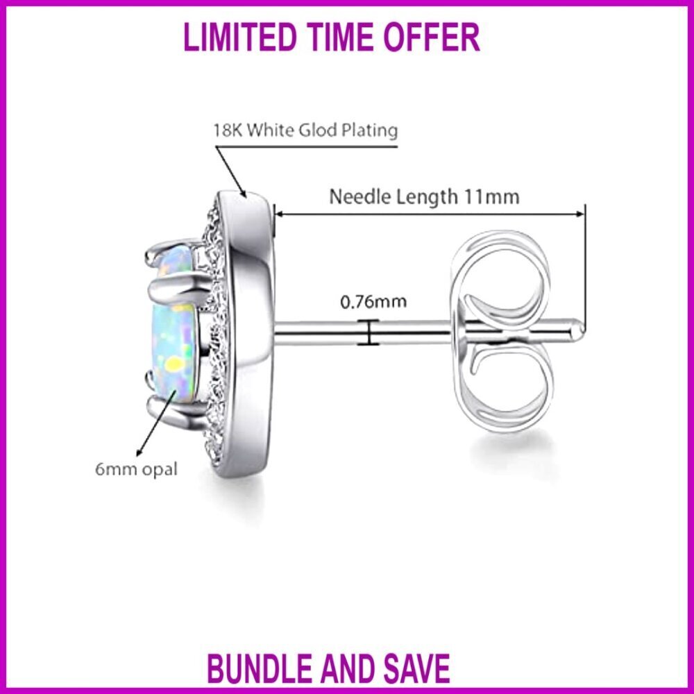 18k White Gold Plated Opal Halo Pendant Necklace and Stud Earrings Set - Picture 3 of 7